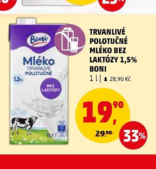 TRVANLIVÉ POLOTUČNÉ MLÉKO BEZ LAKTÓZY 1,5% BONI