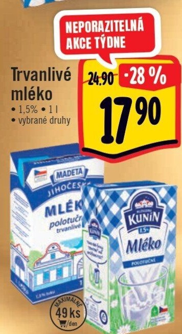 Mléko trvanlivé Jihočeské Madeta - 1,5% polotučné