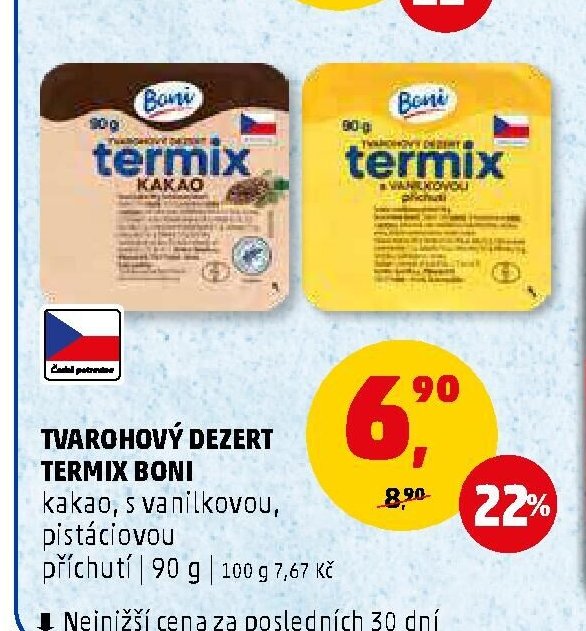 Tvarohový dezert Termix Boni kakao, s vanilkovou, pistáciovou příchutí 90 g