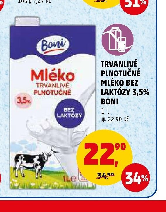 Trvanlivé plnotučné mléko bez laktózy 3,5 % Boni 1 l