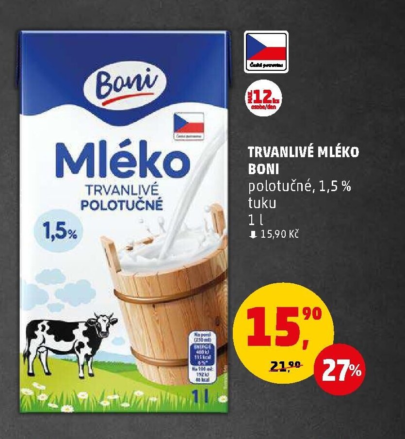 Trvanlivé mléko Boni polotučné, 1,5 % tuku 1 l