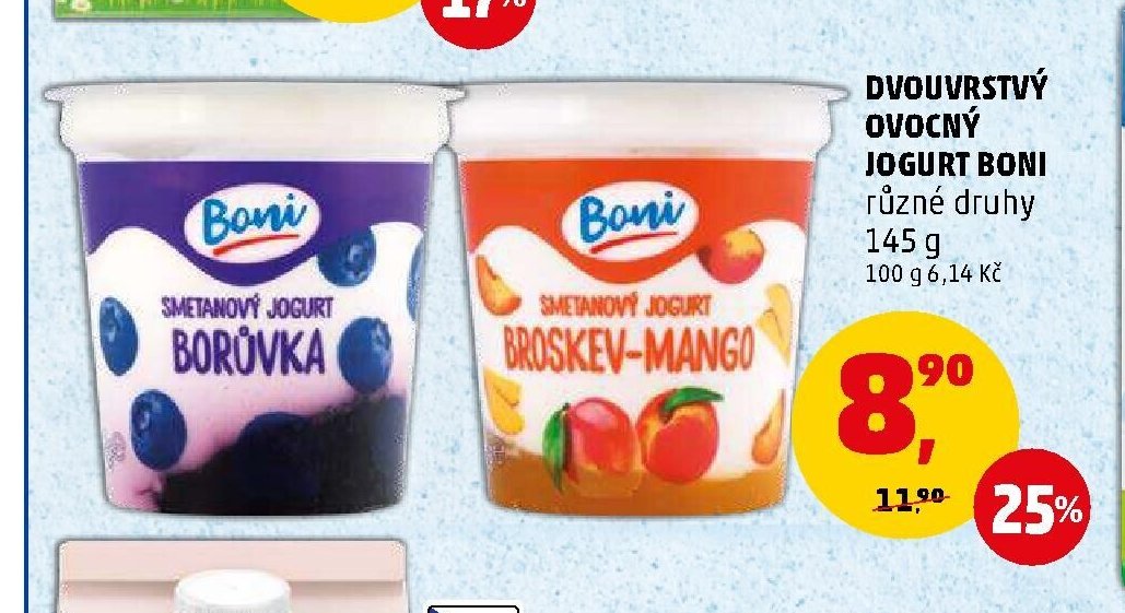 Dvouvrstvý ovocný jogurt Boni různé druhy 145 g