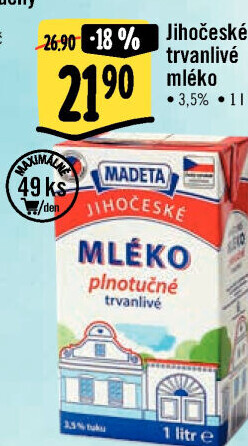 Mléko trvanlivé Jihočeské Madeta - 3,5% plnotučné