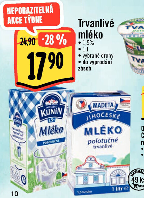 Mléko trvanlivé Kunín - 1,5% polotučné