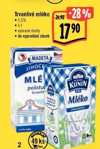 Mléko trvanlivé Jihočeské Madeta - 1,5% polotučné