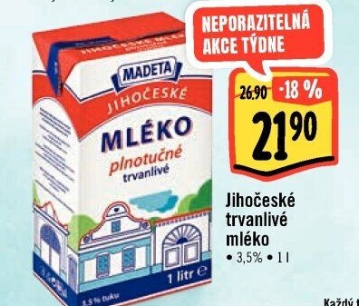 Mléko trvanlivé Jihočeské Madeta - 3,5% plnotučné