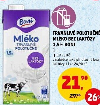 Mléko trvanlivé bez laktózy Boni - 1,5% polotučné