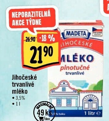 Mléko trvanlivé Jihočeské Madeta - 3,5% plnotučné