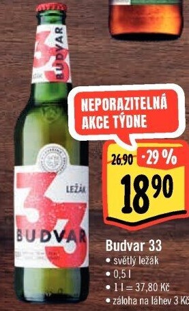 Pivo světlý ležák 33 Budweiser Budvar