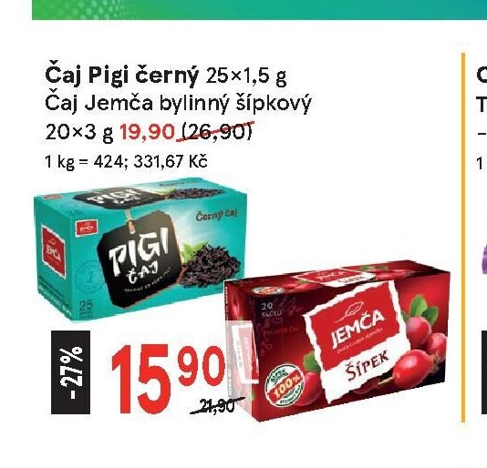 Čaj Pigi černý 25x1,5 g, Čaj Jemča bylinný šípkový