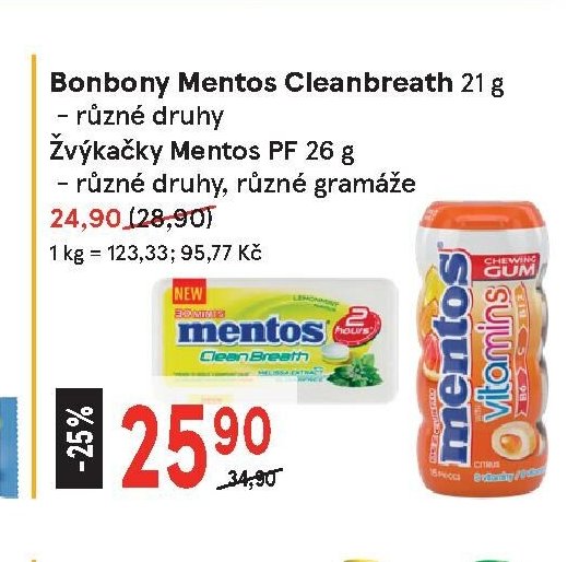 Bonbony Mentos Cleanbreath 21 g, Žvýkačky Mentos PF 26 g
