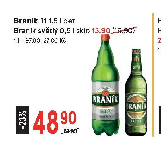 Braník 11 1,5 l pet, Braník světlý 0,5 l sklo