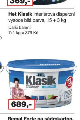Het Klasik interiérová disperzní vysoce bílá barva, 15 + 3 kg