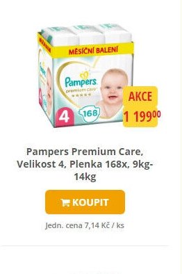 Pampers Premium Care, Velikost 4, Plenka 168x, 9kg-14kg