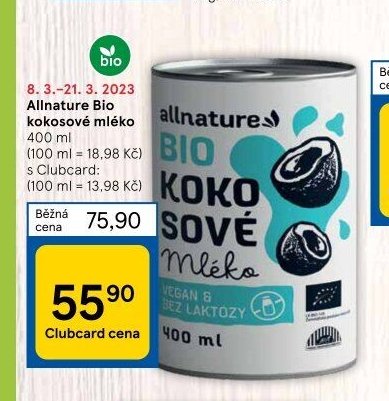 Allnature Bio kokosové mléko