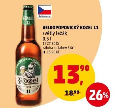 Pivo ležák 11° Velkopopovický Kozel