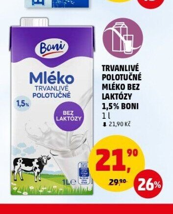 Trvanlivé polotučné mléko bez laktózy 1,5% Boni