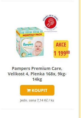 Pampers Premium Care, Velikost 4, Plenka 168x, 9kg-14kg
