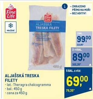 Aljašská treska filety mražená Fine Life