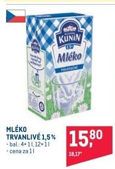 Mléko trvanlivé Kunín - 1,5% polotučné