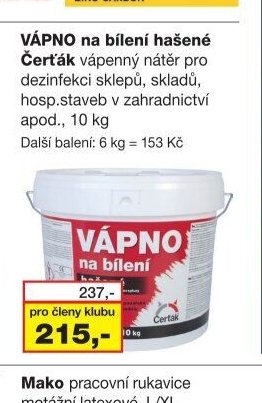 VÁPNO na bílení hašené Čerťák, 10 kg