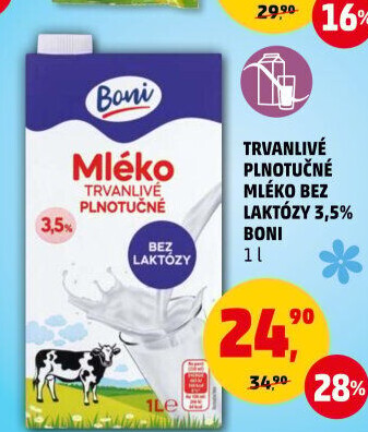 Mléko trvanlivé bez laktózy - 3,5% plnotučné Boni
