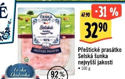 Selská šunka nejvyšší jakosti Přeštické prasátko Česká chuť
