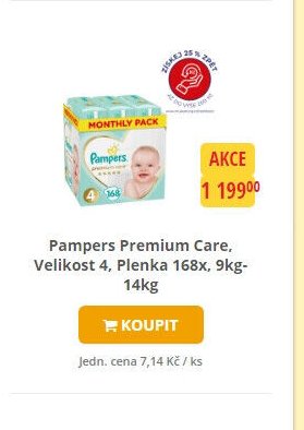 Pampers Premium Care, Velikost 4, Plenka 168x