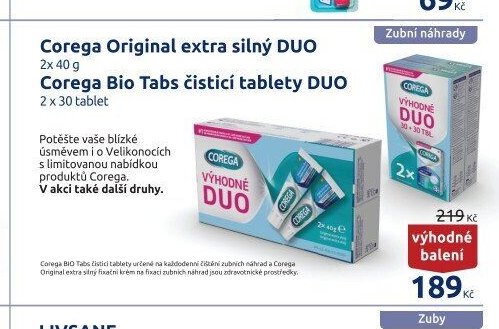 Corega Original extra silný DUO, Corega Bio Tabs čisticí tablety DUO