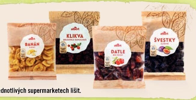 Sušené ovoce značky Albert (Banán, Klikva, Datle, Švestky)