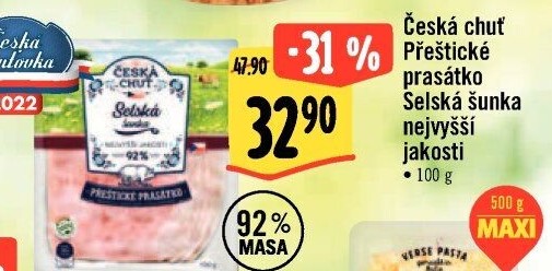 Selská šunka nejvyšší jakosti Přeštické prasátko Česká chuť