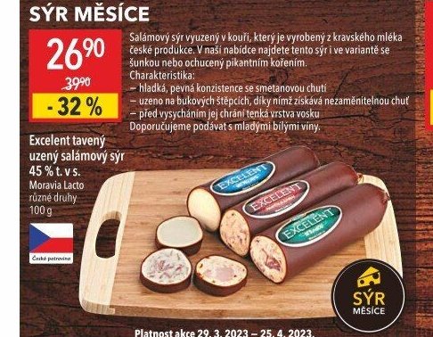 Excelent tavený uzený salámový sýr 45 % t. v s. Moravia Lacto