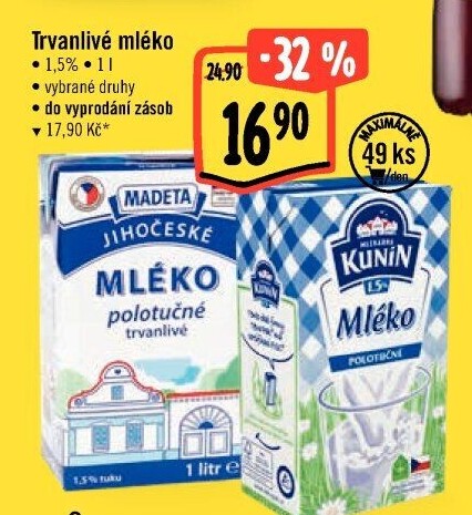 Mléko trvanlivé Jihočeské Madeta - 1,5% polotučné