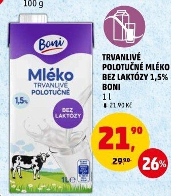 Mléko trvanlivé bez laktózy Boni - 1,5% polotučné