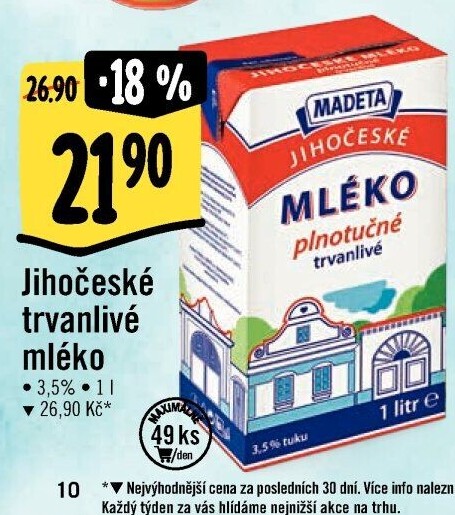 Mléko trvanlivé Jihočeské Madeta - 3,5% plnotučné