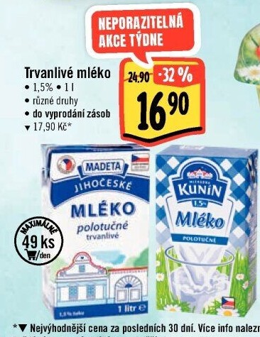 Mléko trvanlivé Jihočeské Madeta - 1,5% polotučné