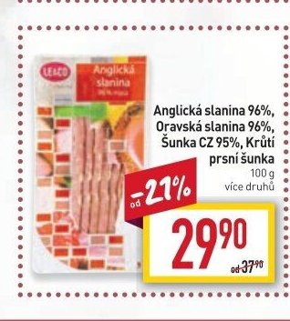 Anglická slanina 96%, Oravská slanina 96%, Šunka CZ 95%, Krůtí prsní šunka