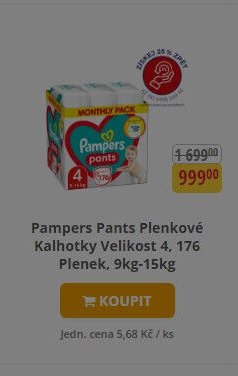 Pampers Pants Plenkové Kalhotky Velikost 4, 176 Plenek, 9kg-15kg