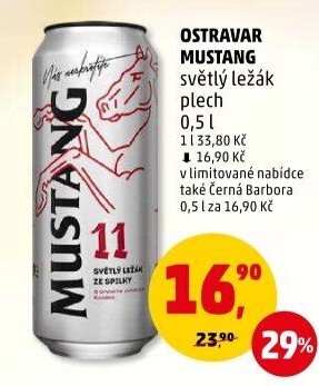 Pivo světlý ležák Mustang 11° Ostravar