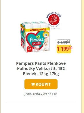Pampers Pants Plenkové Kalhotky Velikost 5, 152 Plenek, 12kg-17kg