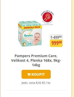Pampers Premium Care, Velikost 4, Plenka 168x, 9kg-14kg