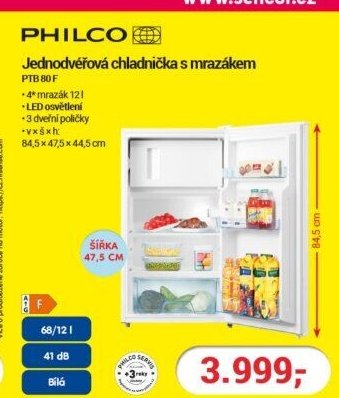 PHILCO Jednodveřová chladnička s mrazákem PTB 80 F