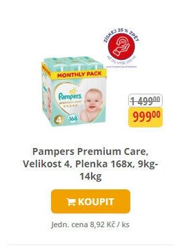 Pampers Premium Care, Velikost 4, Plenka 168x, 9kg-14kg