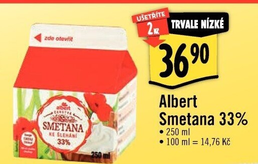 Smetana ke šlehání 33% Albert