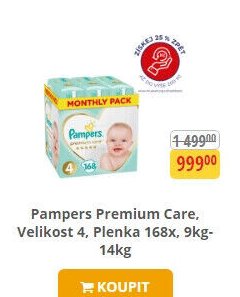 Pampers Premium Care, Velikost 4, Plenka 168x, 9kg-14kg