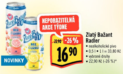 Nealkoholické pivo ochucené Radler Zlatý Bažant