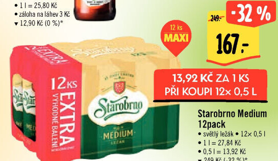Pivo světlý ležák nepasterizovaný 11° Medium Starobrno