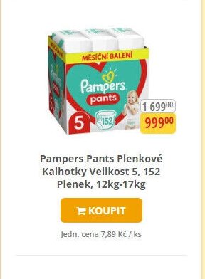 Pampers Pants Plenkové kalhotky Velikost 5, 152 Plenek, 12kg-17kg