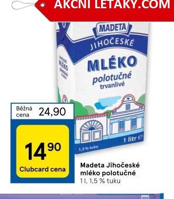 Madeta Jihočeské mléko polotučné 1l, 1,5 % tuku