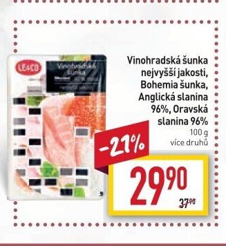 Vinohradská šunka nejvyšší jakosti, Bohemia šunka, Anglická slanina 96%, Oravská slanina 96%